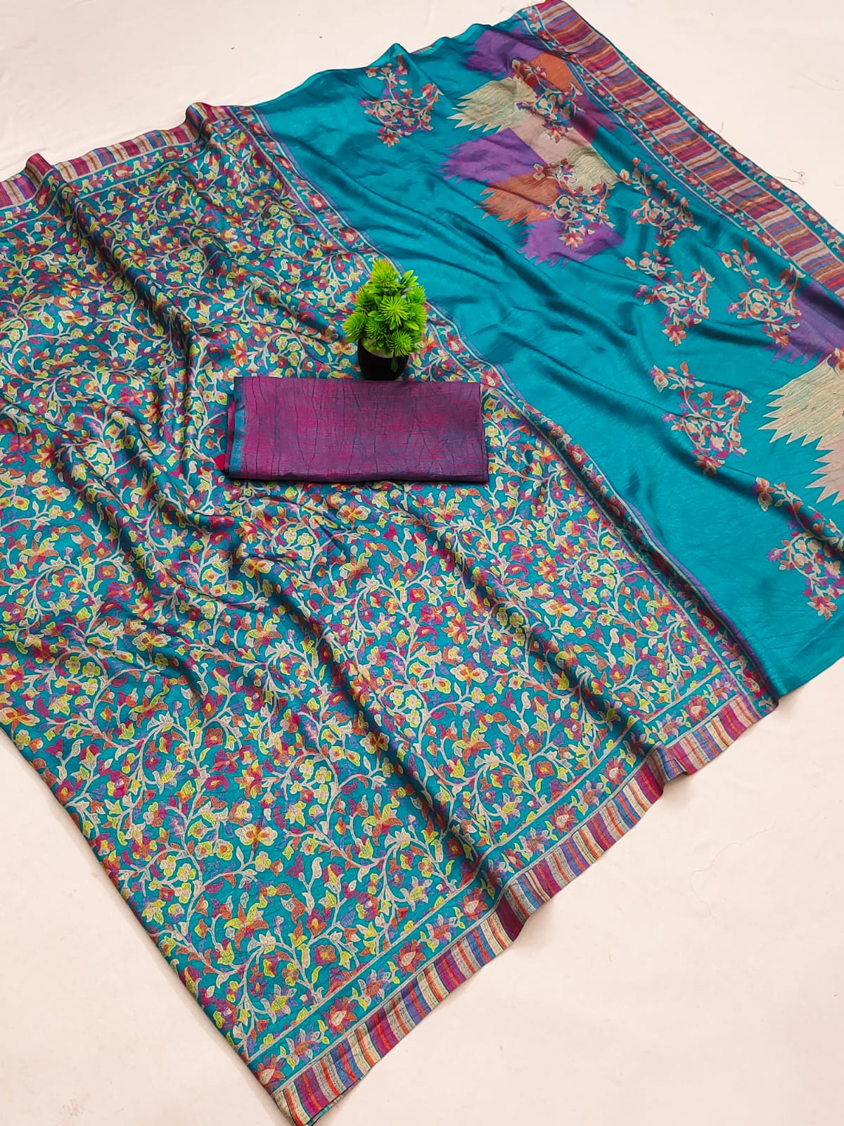 Sky Blue Printed Matka Silk Saree with Blouse