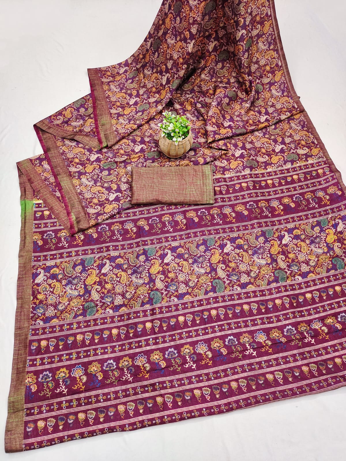 Wine Purple Printed Matka Silk Saree with Blouse