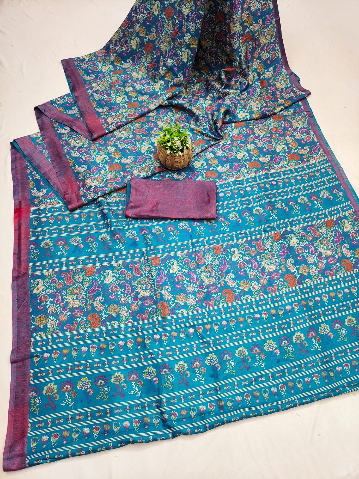 Turquoise Blue Printed Matka Silk Saree with Blouse