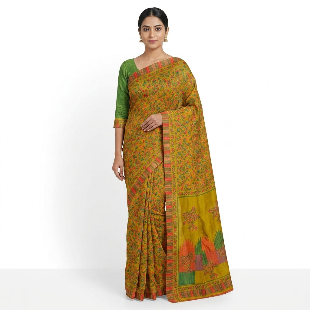 Mustard Yellow Printed Matka Silk Saree with Blouse