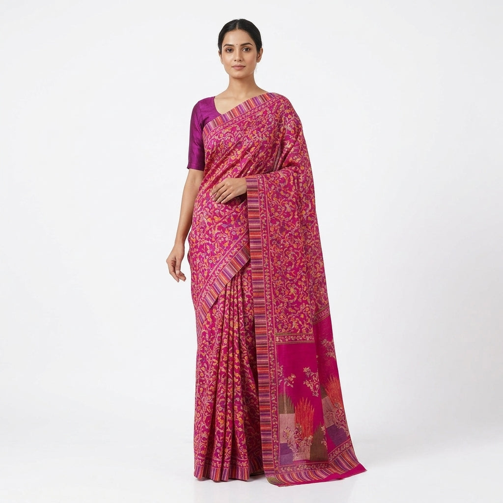 Rani Pink Printed Matka Silk Saree with Blouse