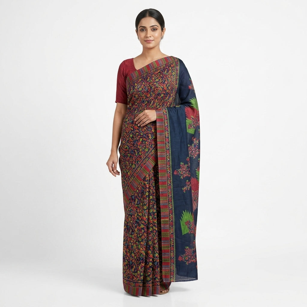Black Multicolor Printed Matka Silk Saree with Blouse