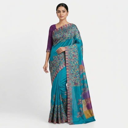 Sky Blue Printed Matka Silk Saree with Blouse