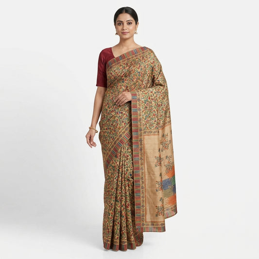 Beige Multicolor Printed Matka Silk Saree with Blouse