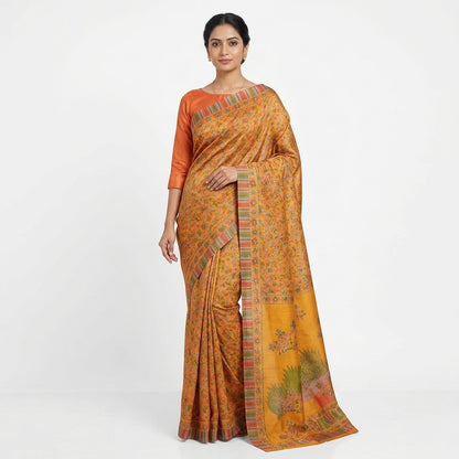 Mustard Orange Printed Matka Silk Saree with Blouse