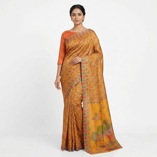 Mustard Orange Printed Matka Silk Saree with Blouse