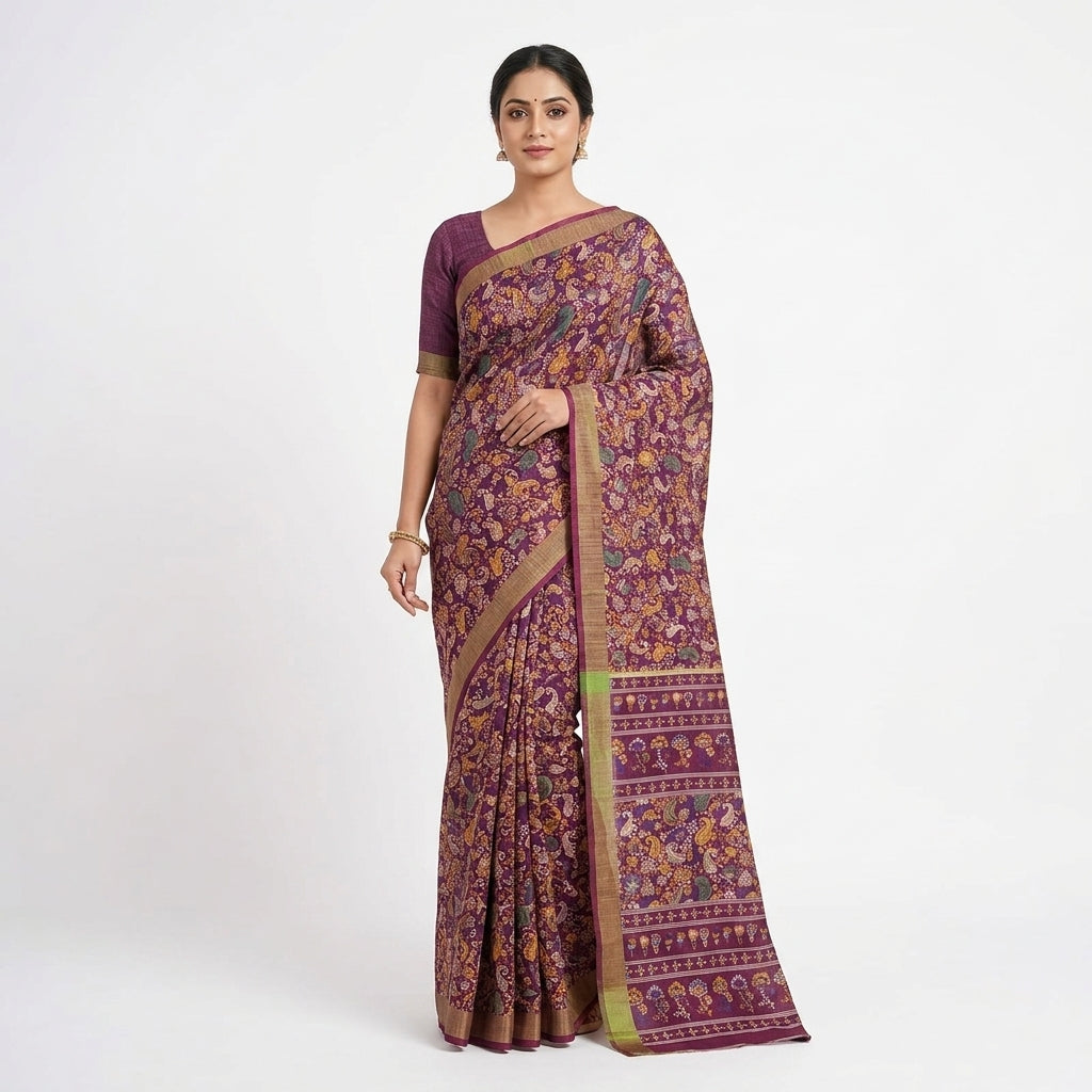 Wine Purple Printed Matka Silk Saree with Blouse