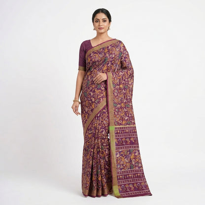 Wine Purple Printed Matka Silk Saree with Blouse