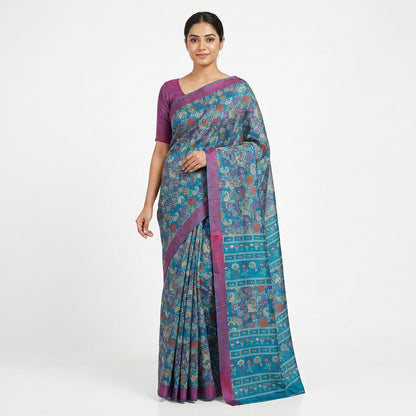 Turquoise Blue Printed Matka Silk Saree with Blouse