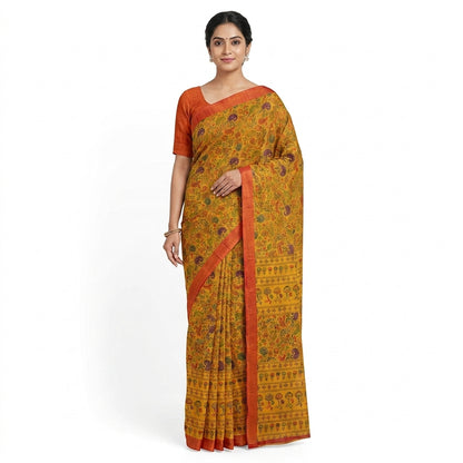 Mustard Yellow Traditional Printed Matka Silk Saree with Blouse