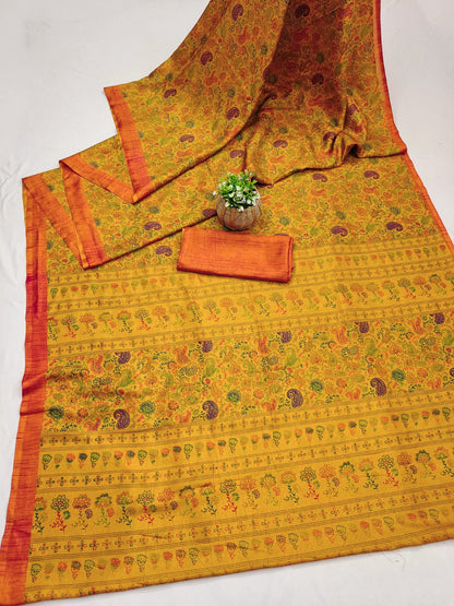 Mustard Yellow Traditional Printed Matka Silk Saree with Blouse