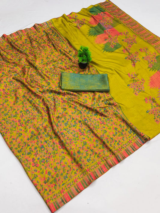 Mustard Yellow Printed Matka Silk Saree with Blouse