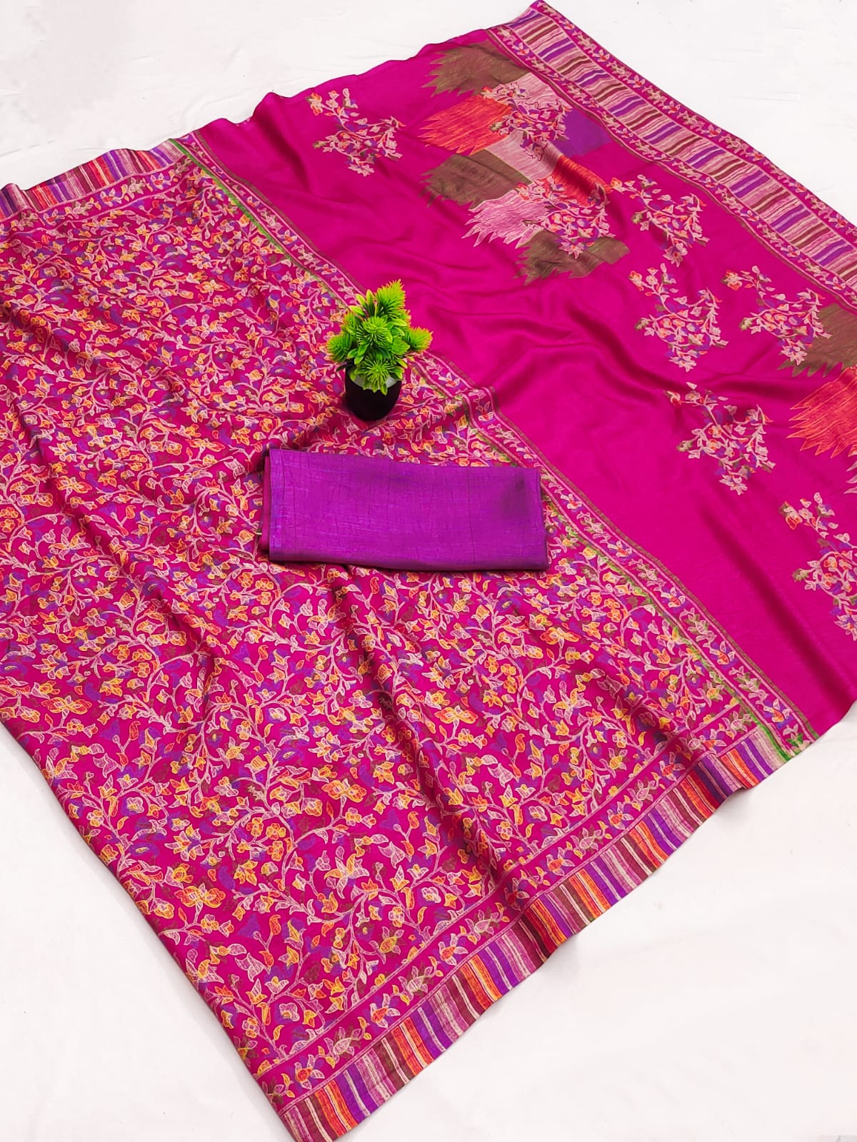 Rani Pink Printed Matka Silk Saree with Blouse