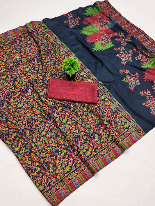 Black Multicolor Printed Matka Silk Saree with Blouse
