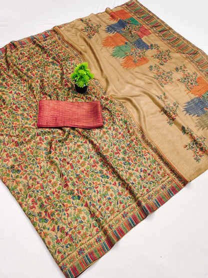 Beige Multicolor Printed Matka Silk Saree with Blouse