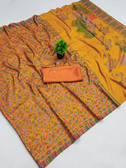 Mustard Orange Printed Matka Silk Saree with Blouse