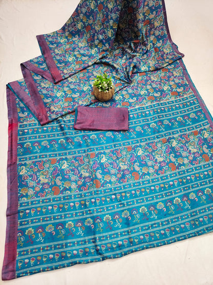 Turquoise Blue Printed Matka Silk Saree with Blouse